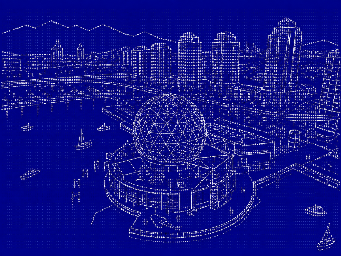 Blue dither illustration of Science World, Vancouver